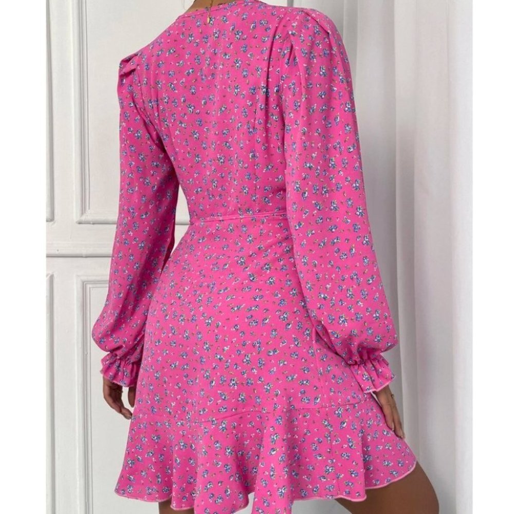 Pink Boho Ditsy Floral Flounce Long Sleeve Knot Side Mini Dress - Picture 2 of 6